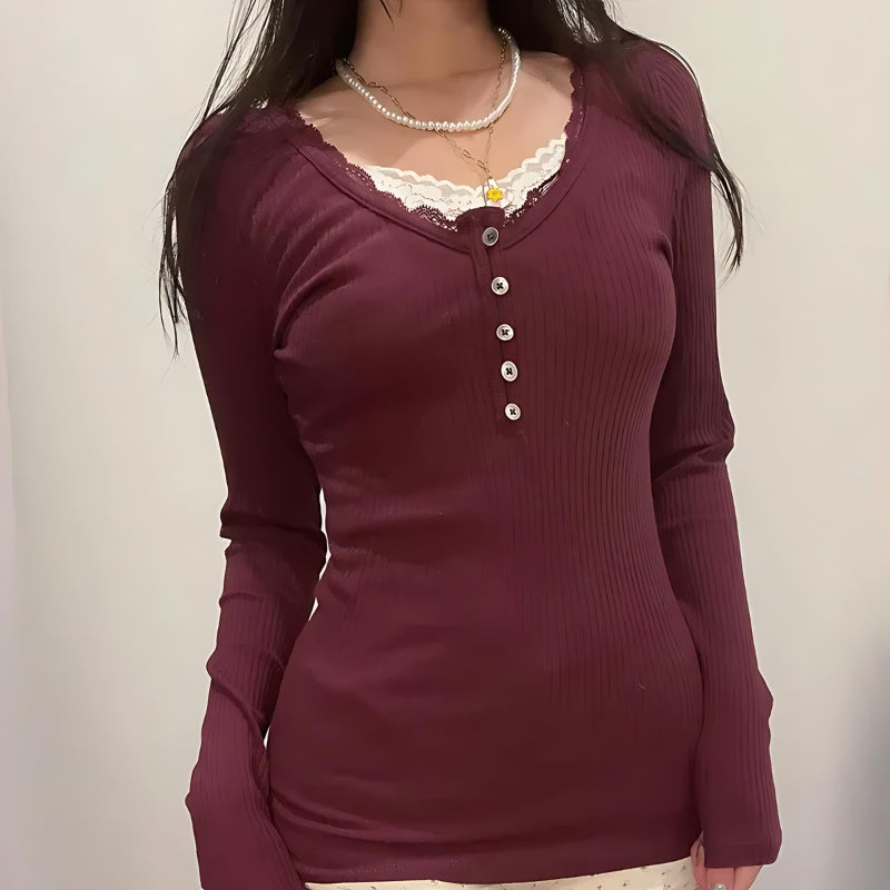 Y2K Corduroy Lace Trim Top