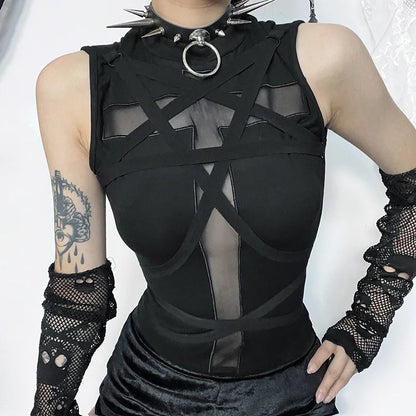 Y2K Cross Strap Sheer Top