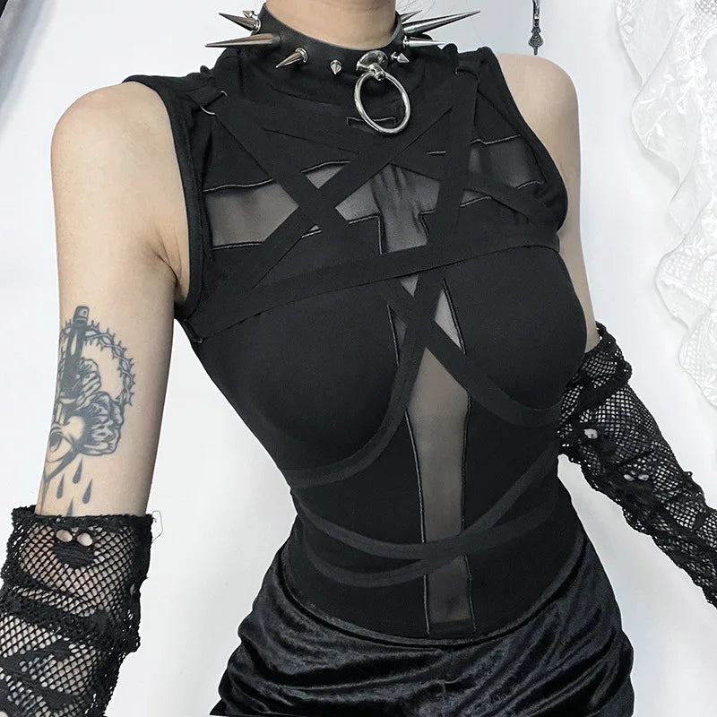 Y2K Cross Strap Sheer Top