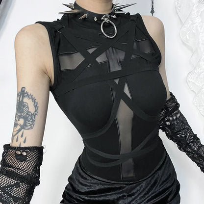 Y2K Cross Strap Sheer Top