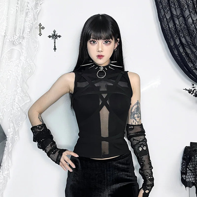 Y2K Cross Strap Sheer Top