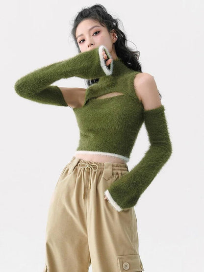 Y2K Cut Out Fluffy Crop Sweater Top