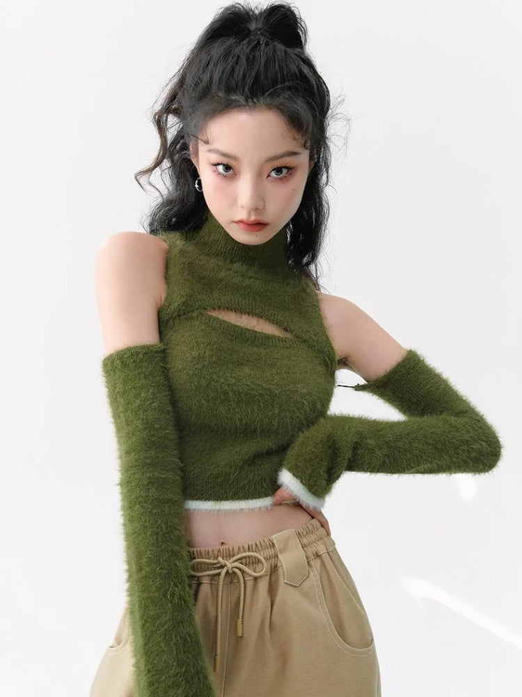 Y2K Cut Out Fluffy Crop Sweater Top