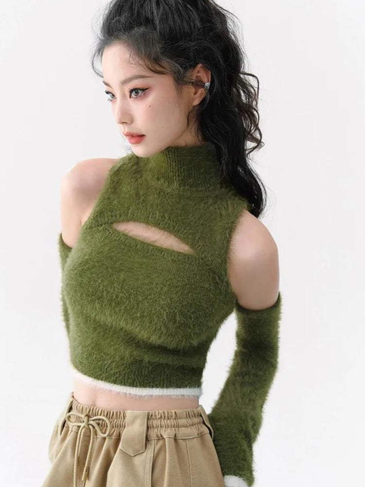 Y2K Cut Out Fluffy Crop Sweater Top