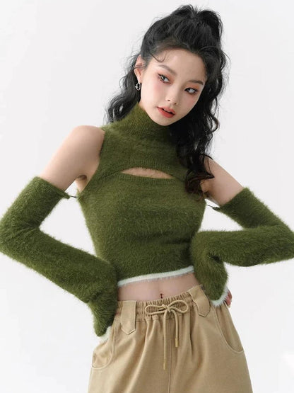 Y2K Cut Out Fluffy Crop Sweater Top