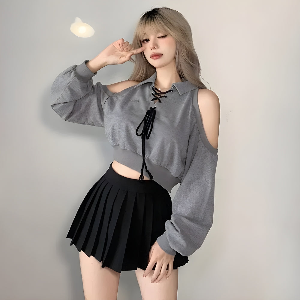 Y2K Cut Out Lace Up Cropped Sweatshirt