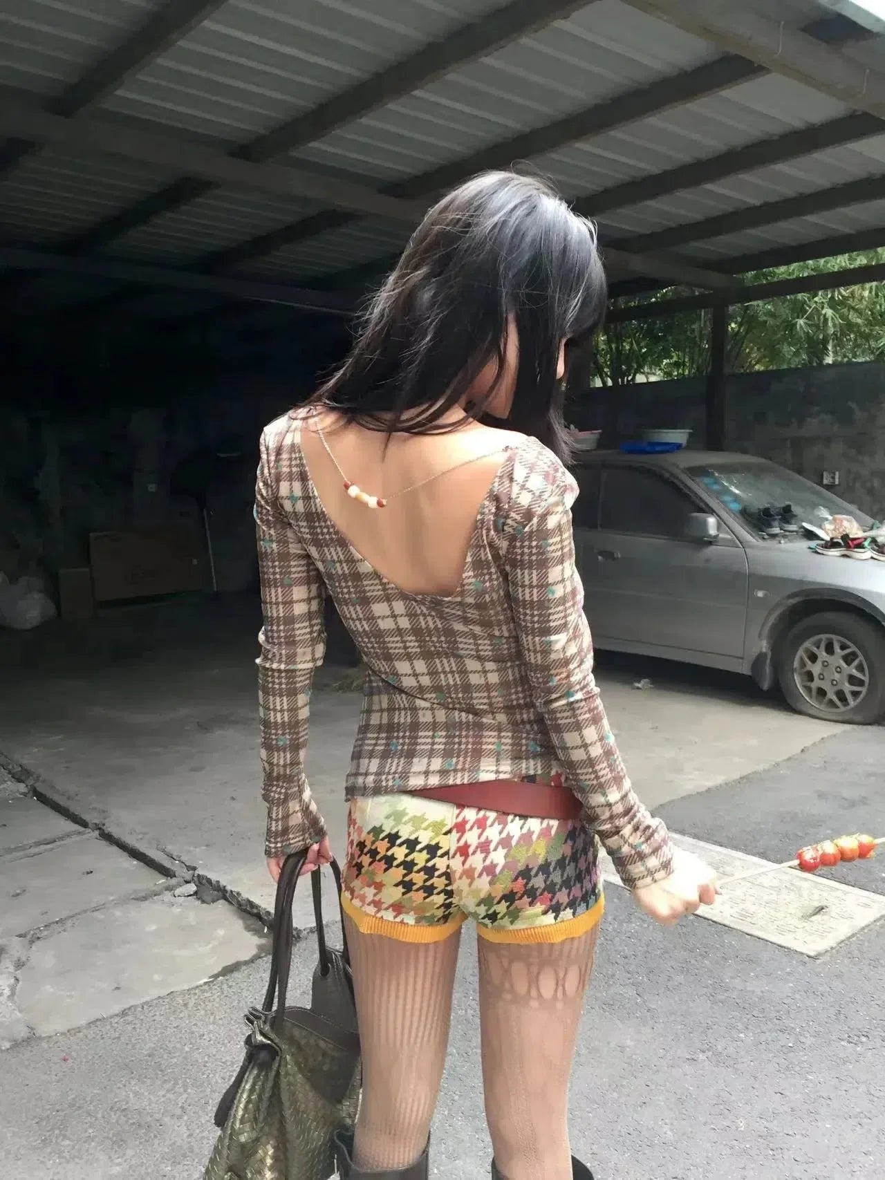 Y2K Deep V Neck Plaid Top