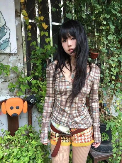 Y2K Deep V Neck Plaid Top