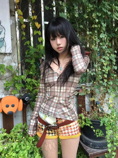 Y2K Deep V Neck Plaid Top