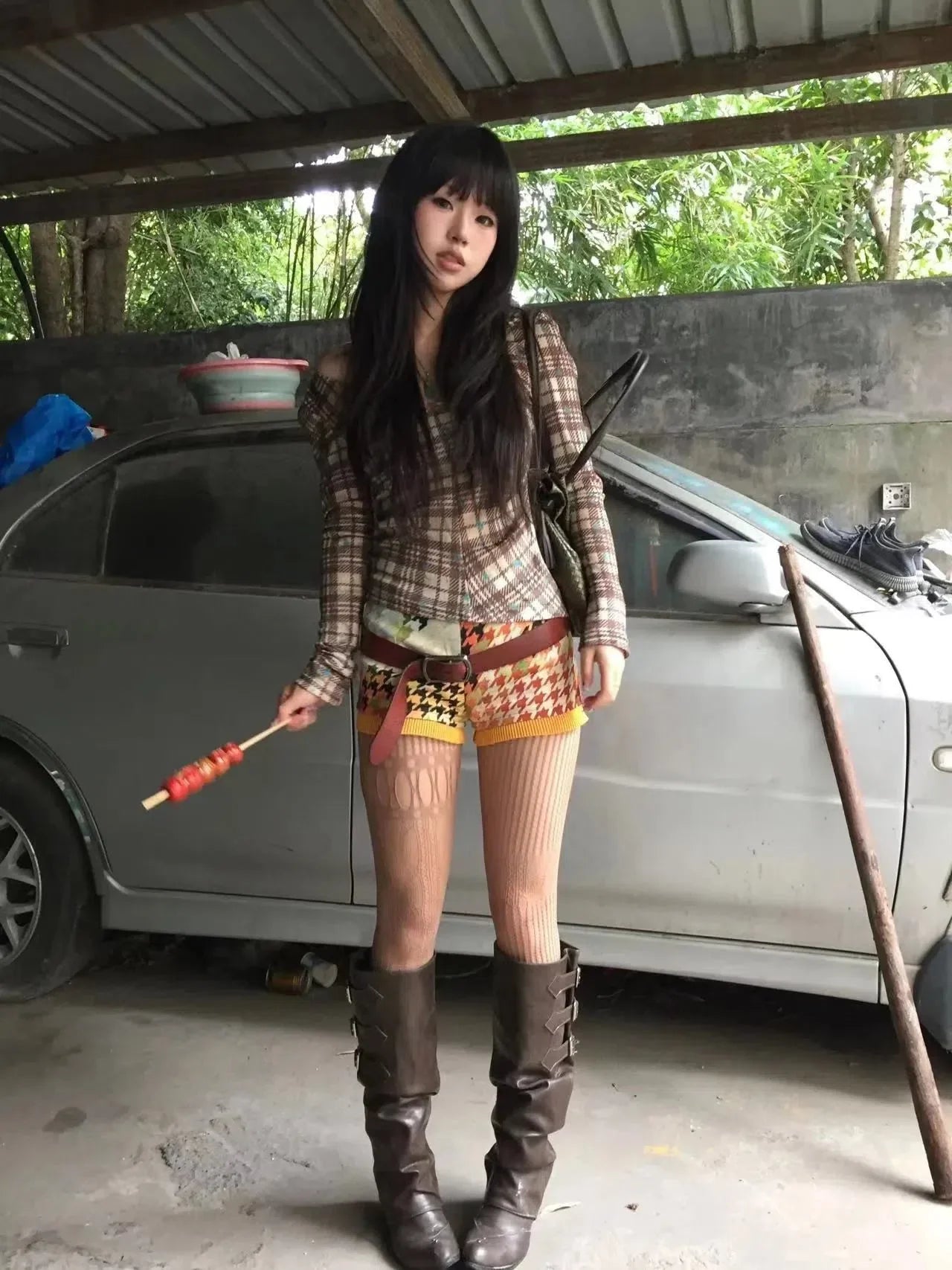 Y2K Deep V Neck Plaid Top