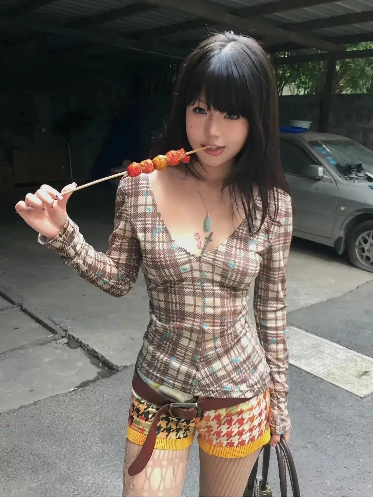 Y2K Deep V Neck Plaid Top