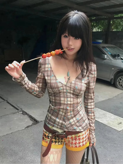 Y2K Deep V Neck Plaid Top
