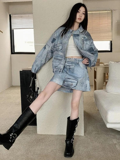 Y2K Denim Jacket & Mini Skirt Two Piece Set