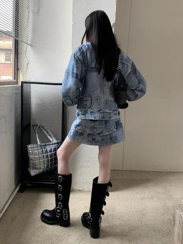 Y2K Denim Jacket & Mini Skirt Two Piece Set