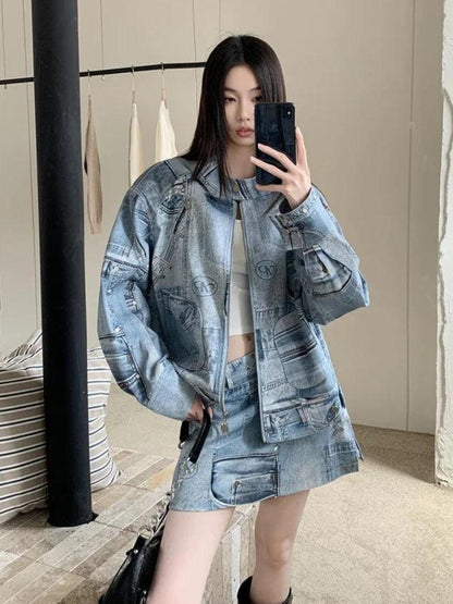 Y2K Denim Jacket & Mini Skirt Two Piece Set