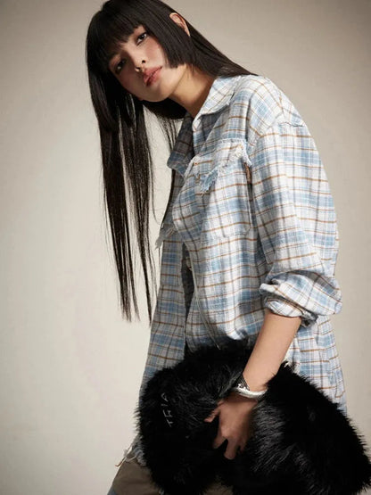 Y2K Distressed Plaid Shirt