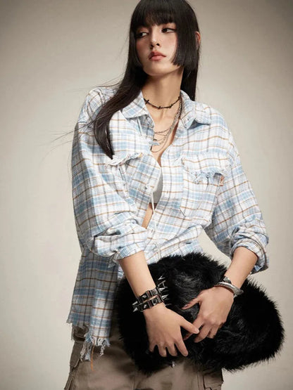 Y2K Distressed Plaid Shirt