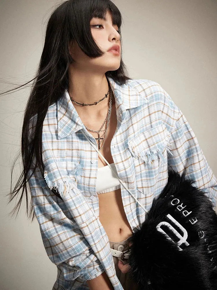 Y2K Distressed Plaid Shirt