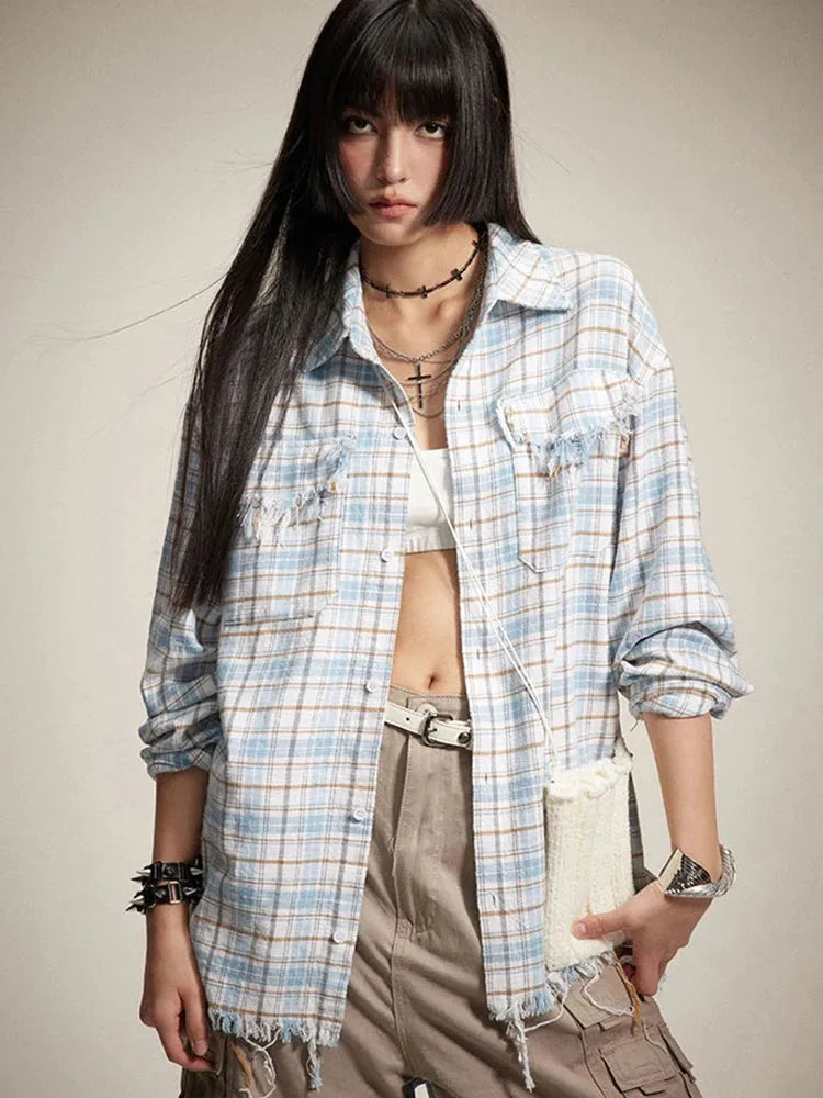 Y2K Distressed Plaid Shirt