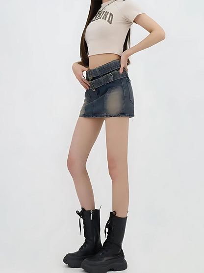 Y2K Double Belted Denim Mini Skort