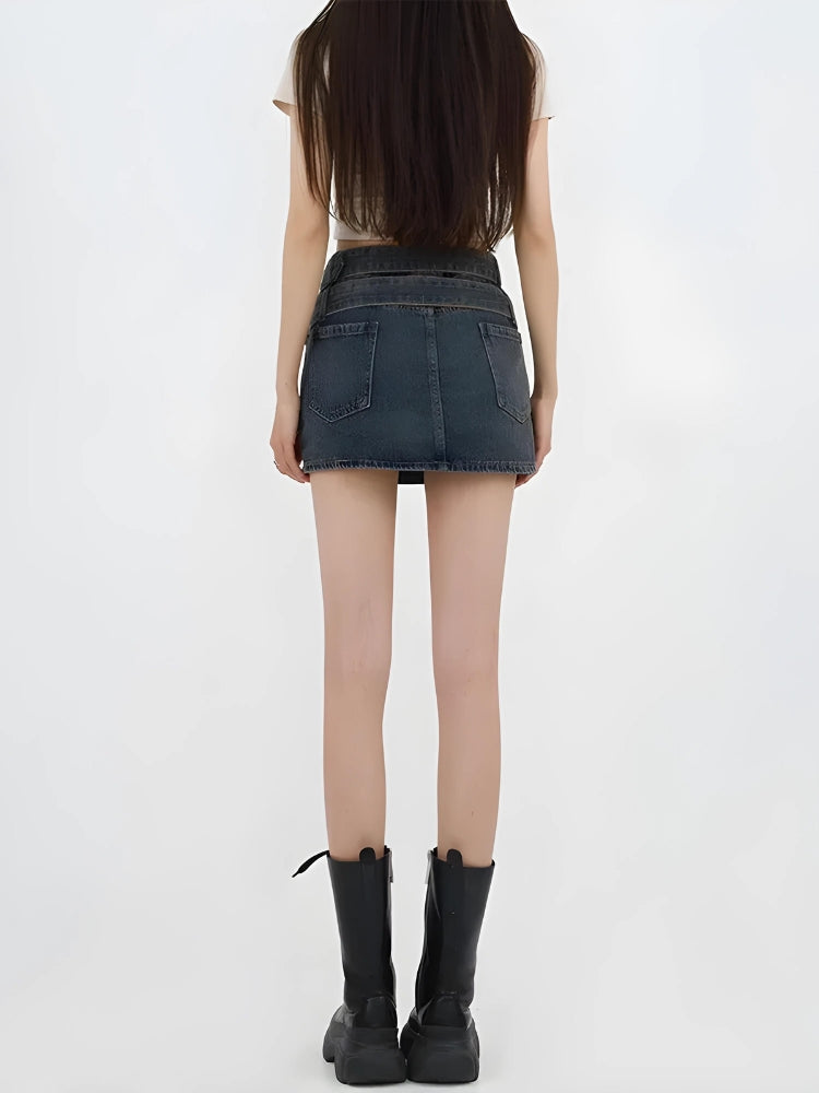 Y2K Double Belted Denim Mini Skort