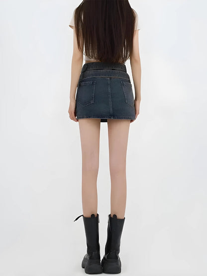 Y2K Double Belted Denim Mini Skort