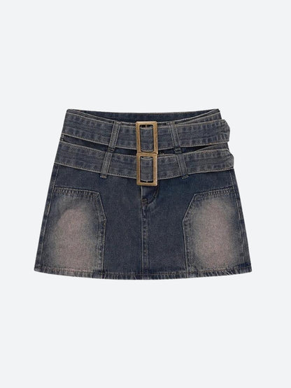 Y2K Double Belted Denim Mini Skort