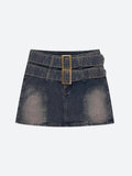 Double Belted Denim Mini Skirt