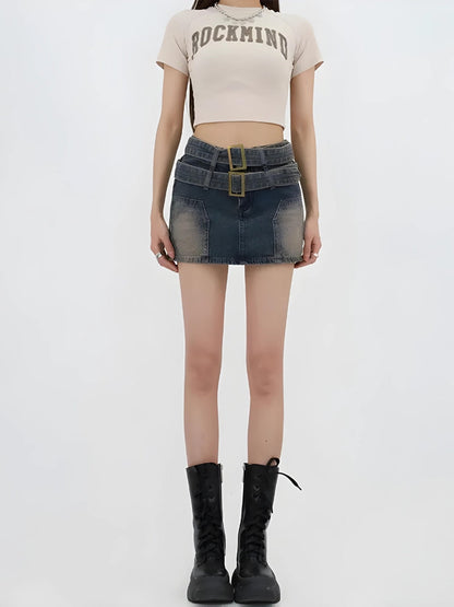 Y2K Double Belted Denim Mini Skort