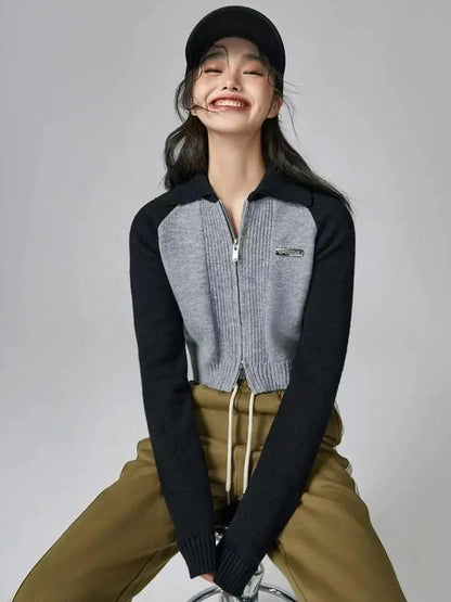 Y2K Double Zip-Up Crop Cardigan