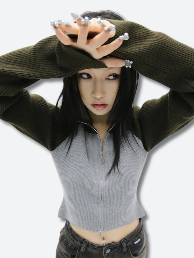 Y2K Double Zip-Up Ribbed Cardigan