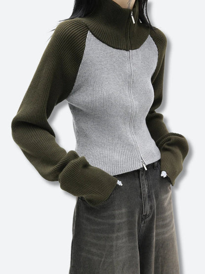 Y2K Double Zip-Up Ribbed Cardigan