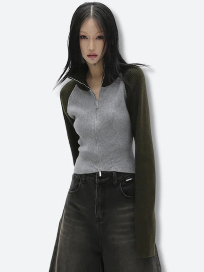 Y2K Double Zip-Up Ribbed Cardigan