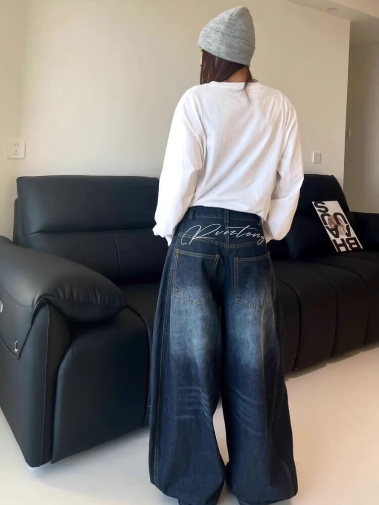 Y2K Embroidered Dark Baggy Jeans