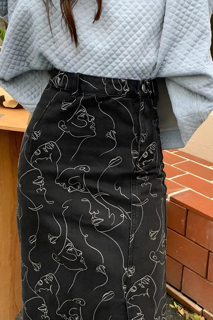 Y2K Faces Denim Midi Skirt