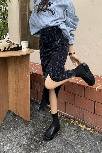 Y2K Faces Denim Midi Skirt