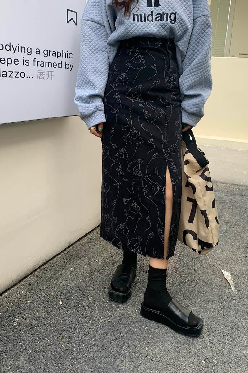 Y2K Faces Denim Midi Skirt
