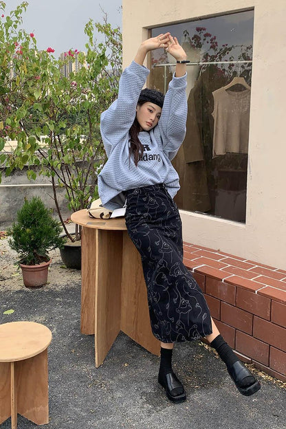 Y2K Faces Denim Midi Skirt