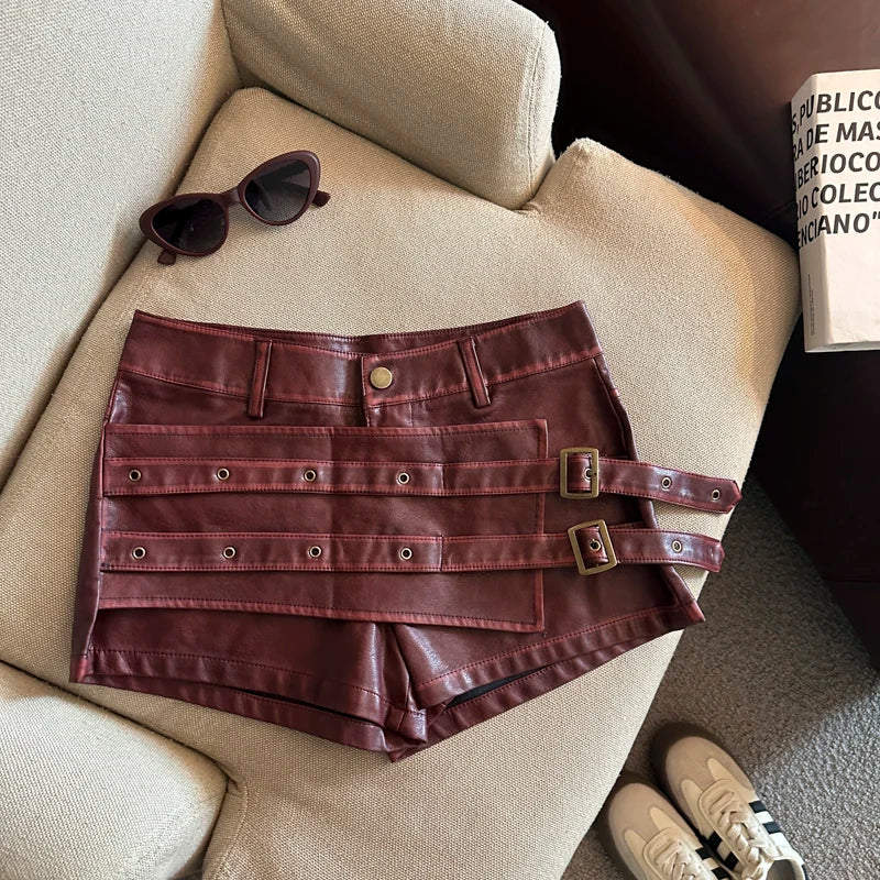 Y2K Faux Leather Double Belt Shorts