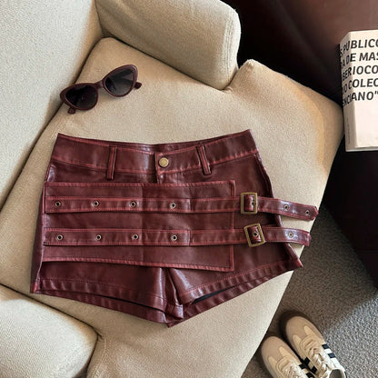 Y2K Faux Leather Double Belt Shorts