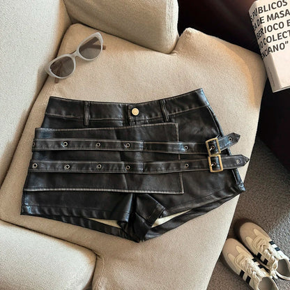 Y2K Faux Leather Double Belt Shorts