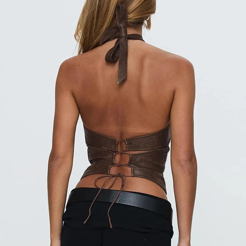 Y2K Faux Leather Halter Top