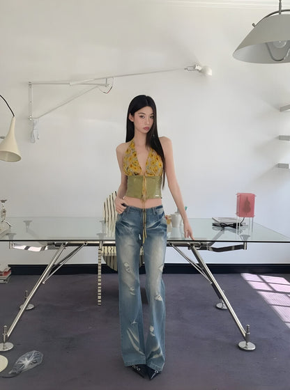 Y2K Floral Halter Crop Top