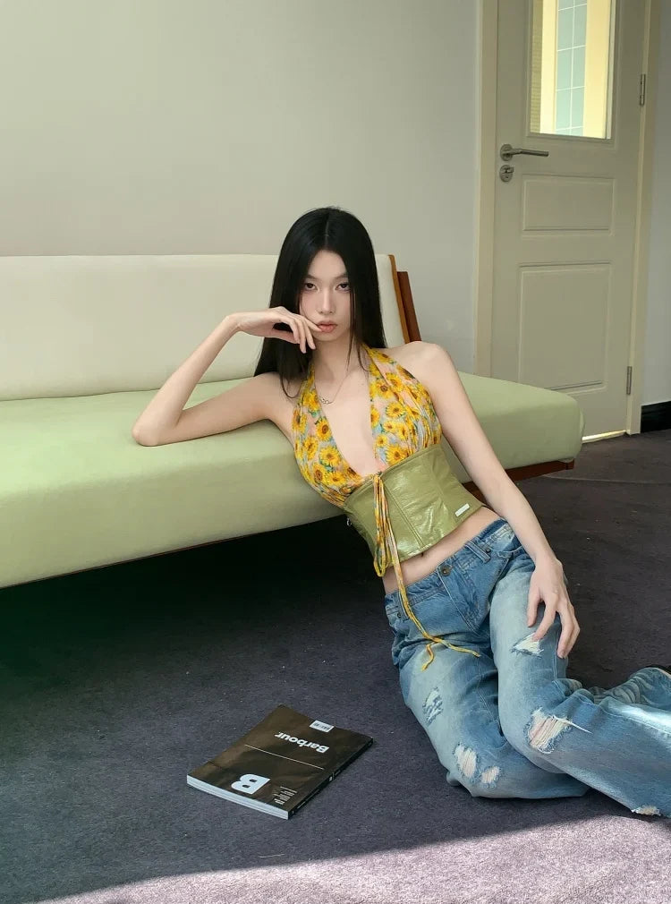 Y2K Floral Halter Crop Top