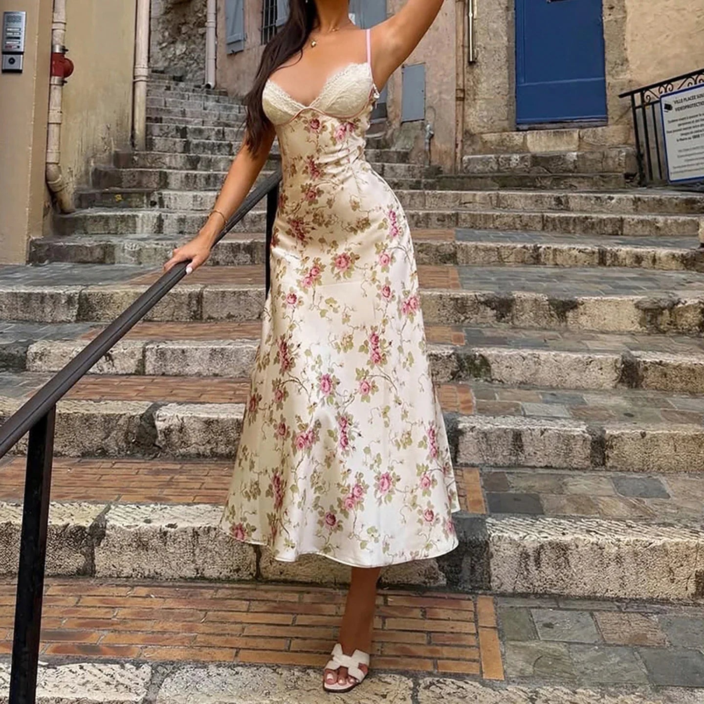 Y2K Floral Lace Bust Midi Dress