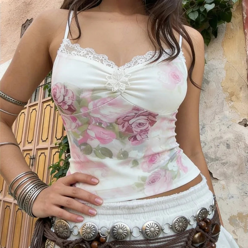 Y2K Floral Lace Trim Mesh Top