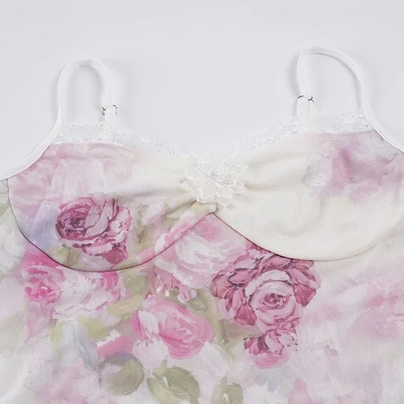 Y2K Floral Lace Trim Mesh Top