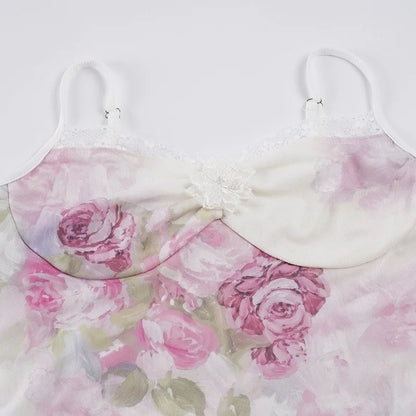 Y2K Floral Lace Trim Mesh Top