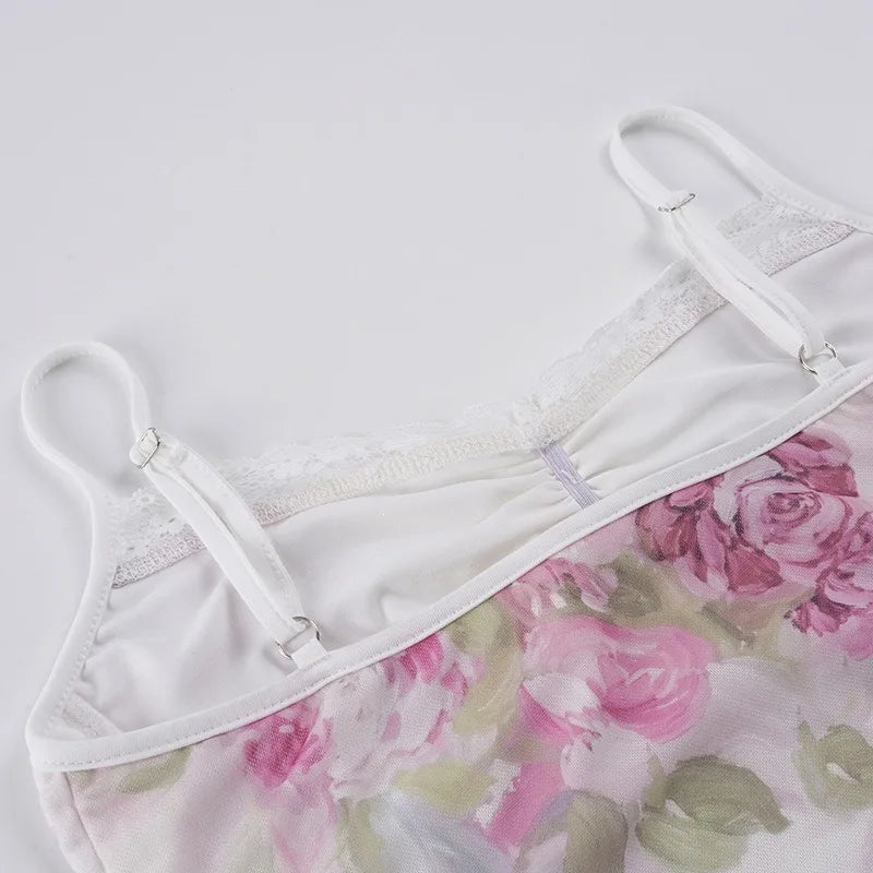Y2K Floral Lace Trim Mesh Top