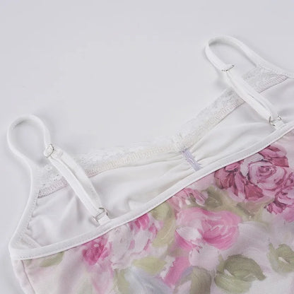 Y2K Floral Lace Trim Mesh Top